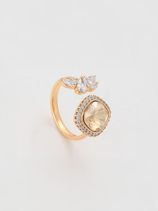 Chrysothemiss Γυναικείο Δαχτυλίδι Golden Halo Blossom Σαμπανιζέ Κρύσταλλο Επιχρυσωμένο 18κ Χρυσό