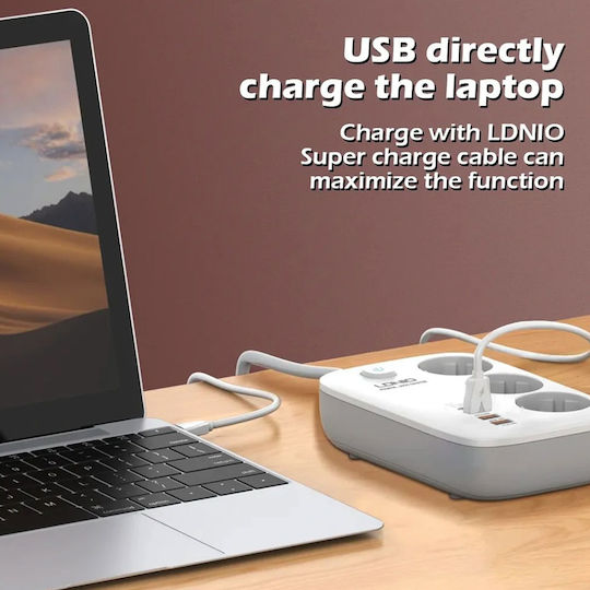 Ldnio Πολύπριζο 3 Θέσεων με 2 USB-A, 2 USB-C, Διακόπτη και Καλώδιο 1.2m Αγγλίας (Type G)
