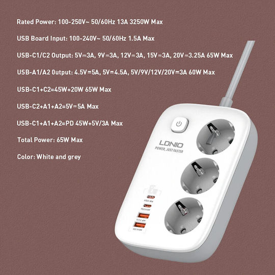 Ldnio Πολύπριζο 3 Θέσεων με 2 USB-A, 2 USB-C, Διακόπτη και Καλώδιο 1.2m Αγγλίας (Type G)