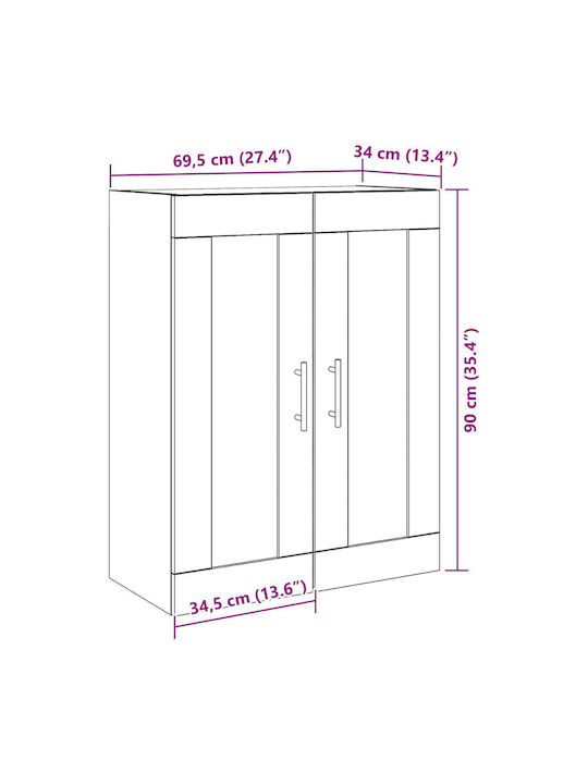 Wand Wohnzimmer Vitrine aus Massivholz mit Glas Braun 69.5x34x90cm
