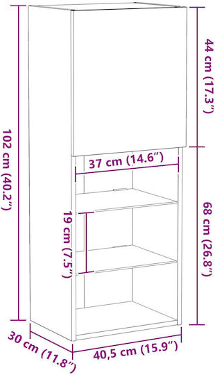 Wall Living Room Display Cabinet made of Particleboard with Glass & Lighting Black Oak 40.5x30x102cm