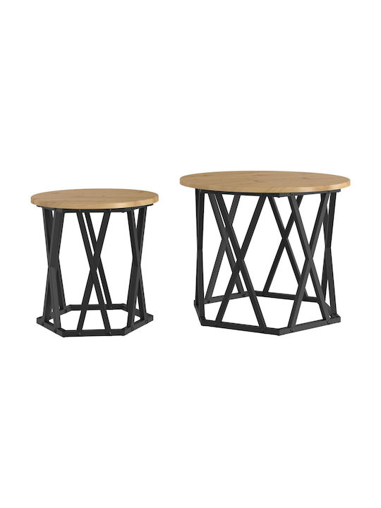 Round Side Table Set of 2 Made of Solid Oak Wood M50xD50cm