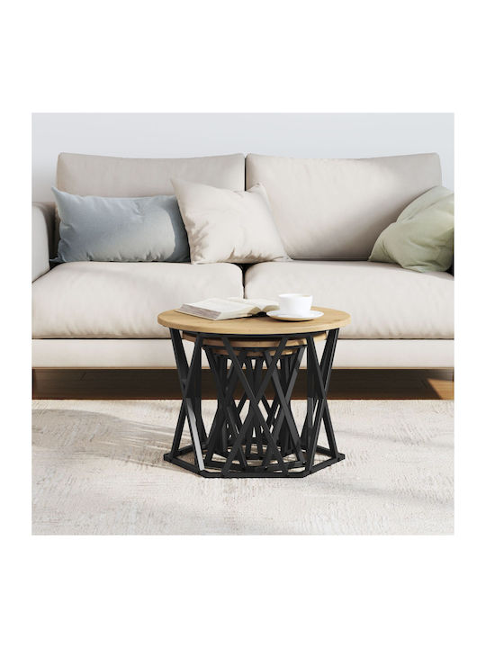 Round Side Table Set of 3 Made of Solid Oak Wood 53x53 cm