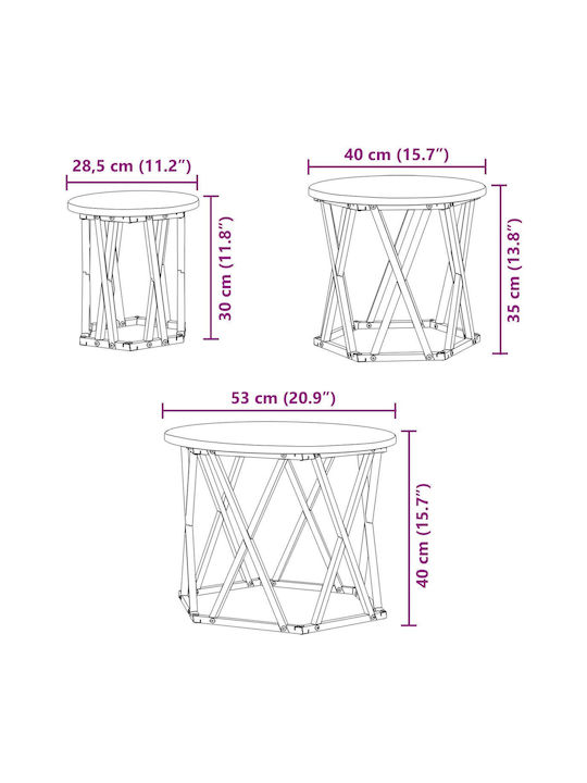 Round Side Table Set of 3 Made of Solid Oak Wood 53x53 cm
