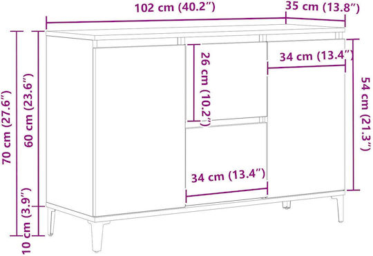 Μπουφές από Μασίφ Ξύλο Μαύρο Δρυς 104x35x70cm