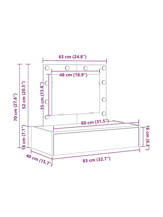 Wandmontierte Schminktisch Schlafzimmer Holz Weiß mit Spiegel 83x40x70cm