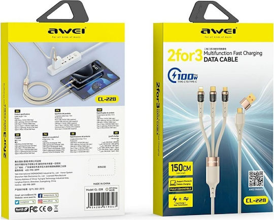 Awei LED / Braided USB to Type-C / Lightning Cable 2A Μαύρο 1.5m (CL-228)