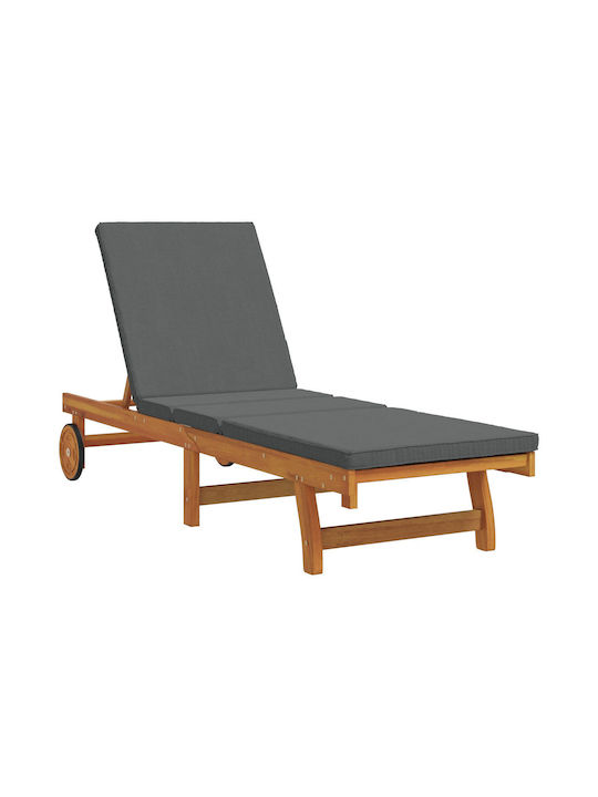 Deckchair Wooden with Cushion & Wheels Gray 200x65x84cm.