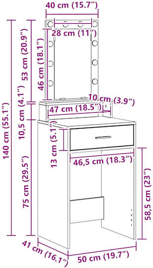 Masă De Toaletă De Podea Din Lemn Gri Beton Cu Oglindă 50x41x140cm