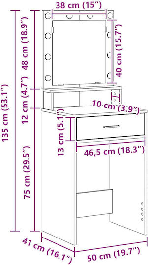 Floor-Standing Bedroom Makeup Dressing Table Wooden Grey Sonoma with Mirror 50x41x135cm
