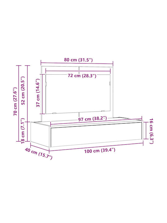 Wandmontage Schminktisch Schlafzimmer Holz Grau Beton mit Spiegel 100x40x70cm