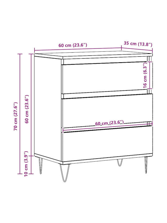 Wooden Chest of Drawers Black Velvet-Black Metal 60x35x70cm