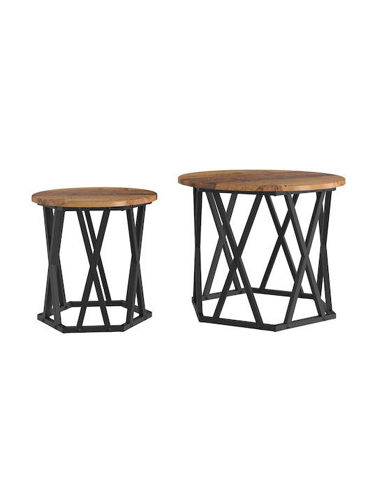 Round Side Coffee Table Made of Solid Wood Brown 2 Pieces W50xL50xH40cm