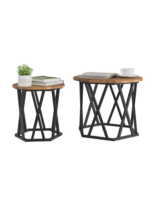 Round Side Coffee Table Made of Solid Wood Brown 2 Pieces W50xL50xH40cm
