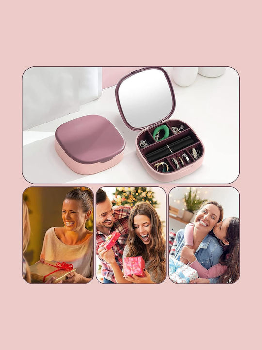 Pink Travel Jewellery Box with Drawer and Mirror 10x10cm