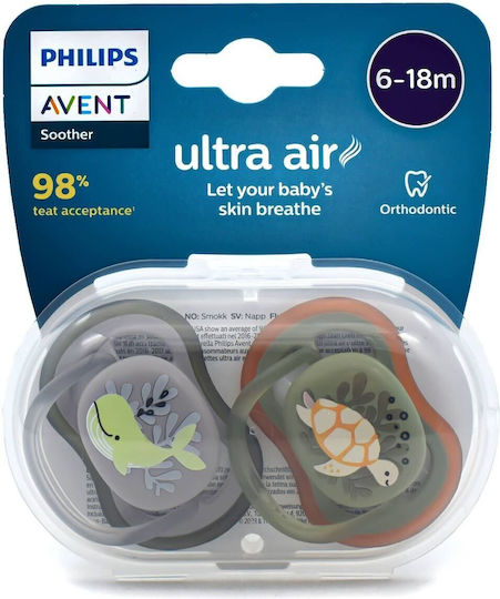 Philips Ultra Air Ορθοδοντικές Πιπίλες Σιλικόνης Νυκτός Χελώνα Φάλαινα για 6-18 μηνών 2τμχ