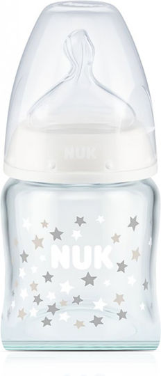 Nuk Glass Baby Bottle First Choice+ Anti-Colic with Silicone Nipple for 0-6 months White Stars - White Grey 120ml