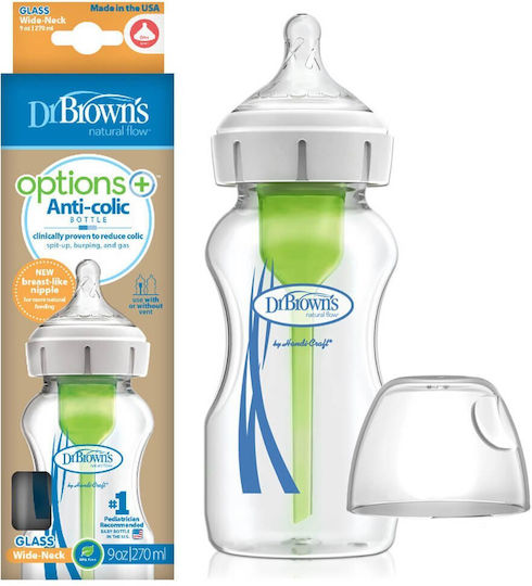 Dr. Brown's Glass Baby Bottle Options Anti-colic with Silicone Teat for 0+ Months Transparent 270ml