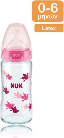 Nuk Γυάλινο Μπιμπερό First Choice+ Κατά των Κολικών με Θηλή Καουτσούκ για 0-6 μηνών Ροζ Πουλιά - Ροζ 240ml
