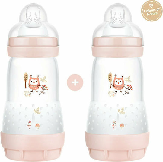Mam Set Plastic Baby Bottles Easy Start Anti-Colic Against Colic with Silicone Teat for 2+ Months Pink Owl - Pink 260ml 2 Pieces