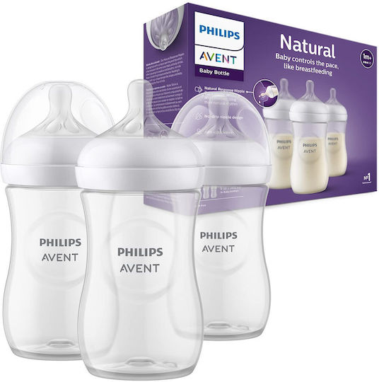Philips Plastic Baby Bottle Natural Response Anti-Colic with Silicone Teat for 3-6 Months Transparent 260ml 3 Pieces