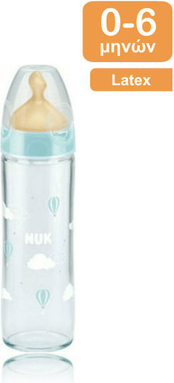 Nuk Glass Baby Bottle New Classic Anti-colic with Rubber Teat for 0-6 Months Light Blue Sky Blue 240ml