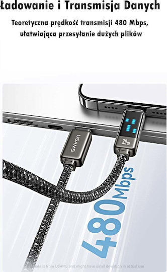 Usams USB-C to Lightning Cable 30W Μαύρο 1.2m (SJ743USB01)