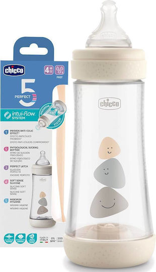 Chicco Sticlă de Plastic pentru Bebelusi Perfect 5 Anti-Colici cu Tetină din Silicon pentru 4+ luni White Mangekyu 300ml
