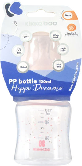 Kikka Boo Plastic Baby Bottle Hippo Dreams Anti-Colic with Silicone Nipple for 0+, 0+ m, months Pink Hippo Dreams - Pink 120ml