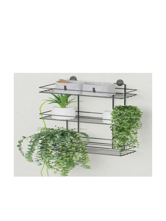 Femmit Wall-Mounted Metal Snap-On Bathroom Shelf 3 Shelves 4 Hooks 10x25x48 Cm Electrostatic Black Matte Finish
