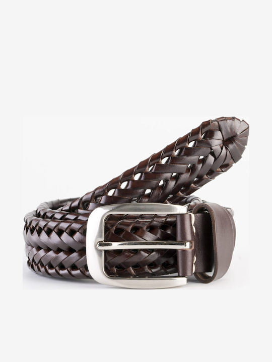 Wide Men's Belt Leather Knitted Brown