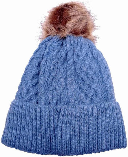 Pom Pom Beanie Γυναικείος Σκούφος με Πλεξούδες σε Μπλε χρώμα