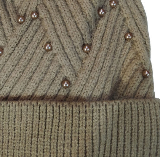 Pom Pom Beanie Frauen Beanie mit Strickmuster in Beige Farbe