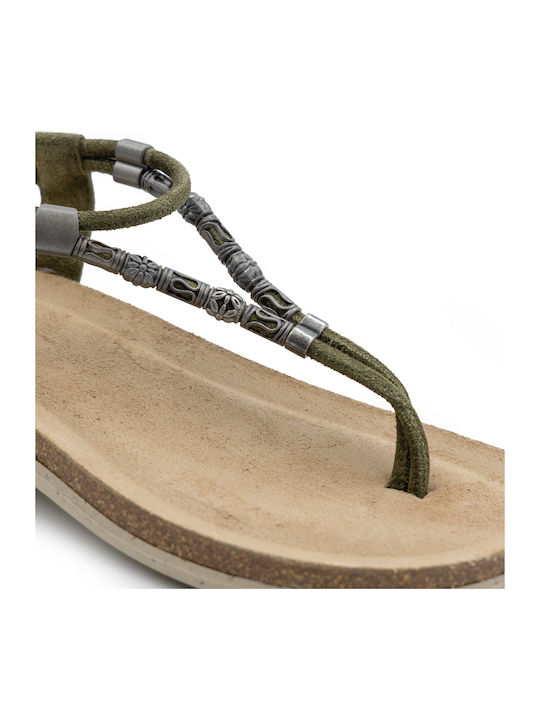 Leder Flache Sandalen für Damen in Khaki Farbe
