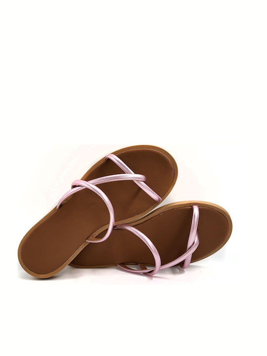 Leather Women's Flat Sandals in Pink Color