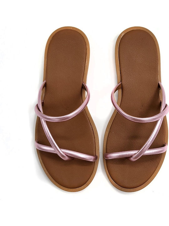 Leather Women's Flat Sandals in Pink Color