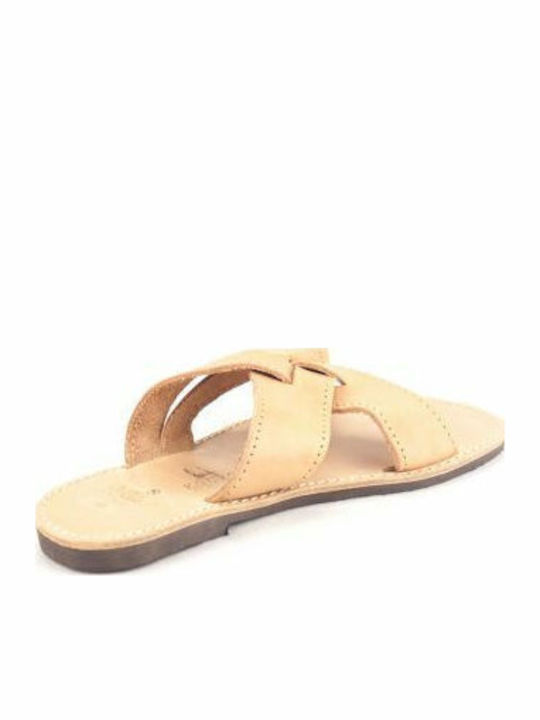 Leather Women's Flat Sandals in Beige Color
