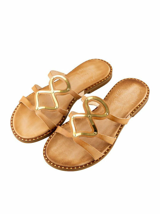 Leather Women's Flat Sandals in Beige Color