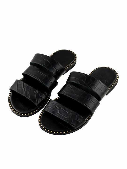 Leather Women's Flat Sandals in Black Color