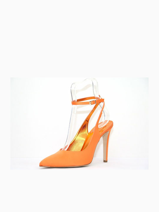 Leather Stiletto Orange High Heels with Strap