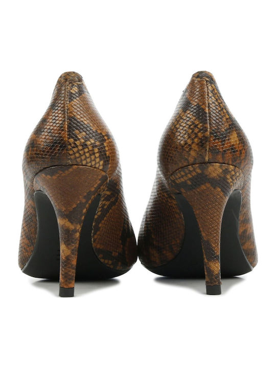 Leather Pointed Toe Brown Heels Animal Print