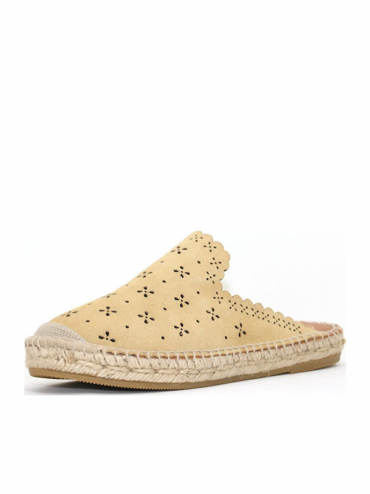 Flach Leder Mules in Beige Farbe