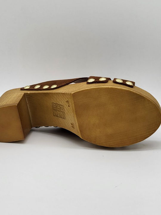 Leather Mules with Chunky High Heel in Tabac Brown Color