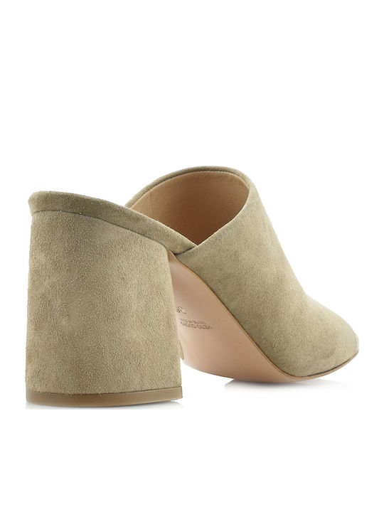 Dot Shoes Δερμάτινα Mules με Χοντρό Ψηλό Τακούνι σε Μπεζ Χρώμα