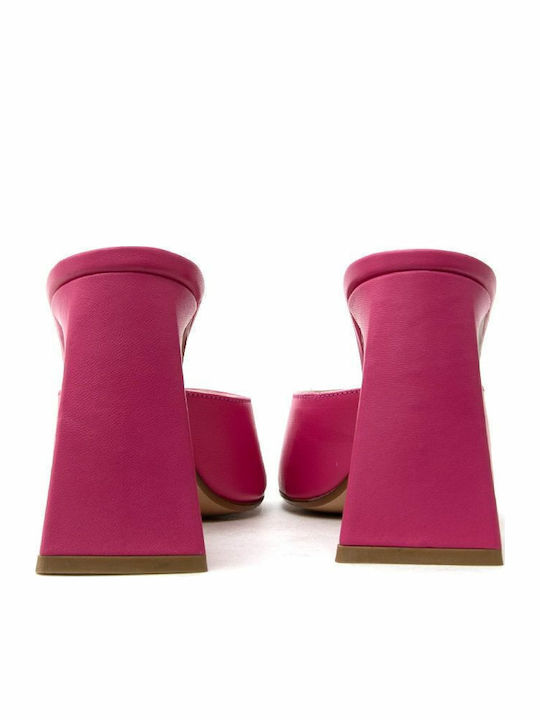 Leather Mules with Chunky High Heel in Fuchsia Color
