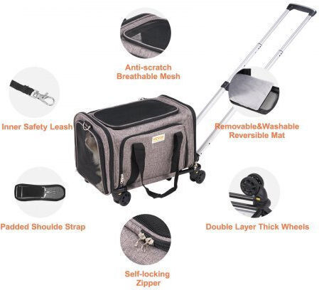 Vevor Small Animal Transport Bag 445x285x290 Mm Max 11 Kg 4 Wheels Aluminum Handle