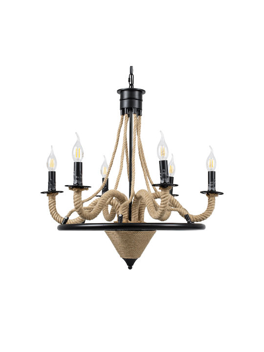 GloboStar Pennsylvania Πολυέλαιος 6xE14 Ø64cm με Σχοινί Μαύρος 00541