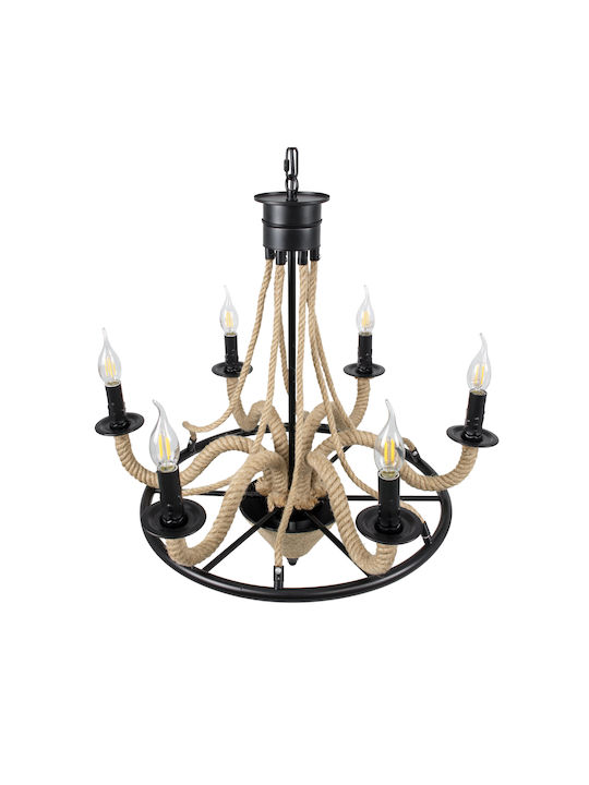GloboStar Pennsylvania Πολυέλαιος 6xE14 Ø64cm με Σχοινί Μαύρος 00541
