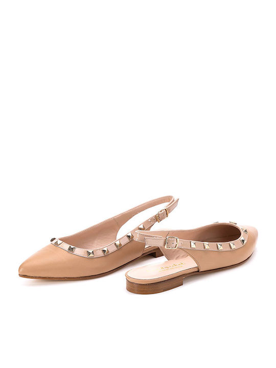 Δερμάτινες Γυναικείες Μπαλαρίνες Slingback σε Μπεζ Χρώμα