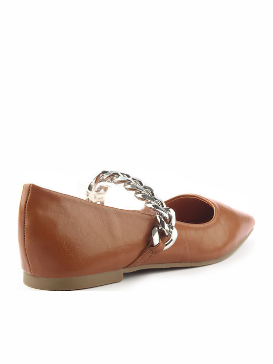 Synthetic Leather Pointy Ballerinas Chain Strap Tabac Brown